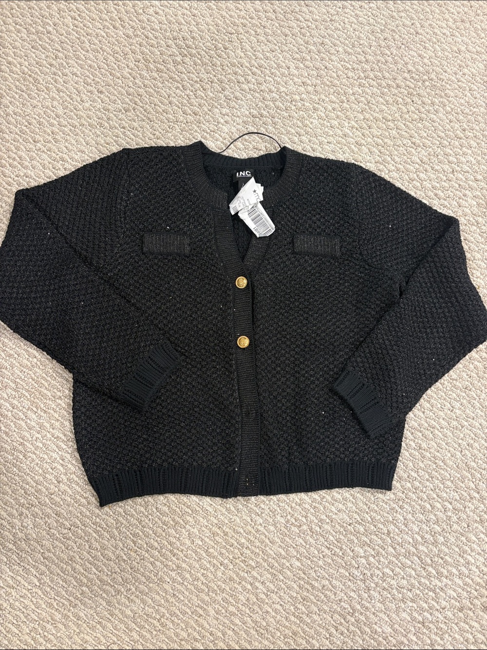 INC International Concepts Black Textured Knit Cardigan with Gold Buttons
